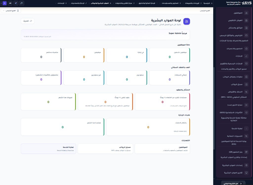 لوحة الموارد البشرية في Savis Enterprise Pro: موظفون، امتثال، إجازات، ورواتب WPS